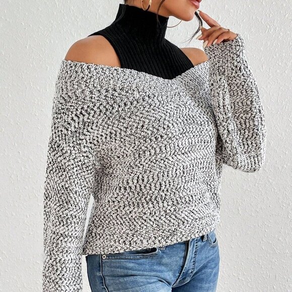 Grey Casual Women's Two Tone Cold Shoulder 2 In 1 Sweater - Picture 5 of 5